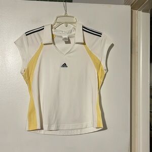 Adidas white/yellow/blue cap sleeve collared climalite shirt